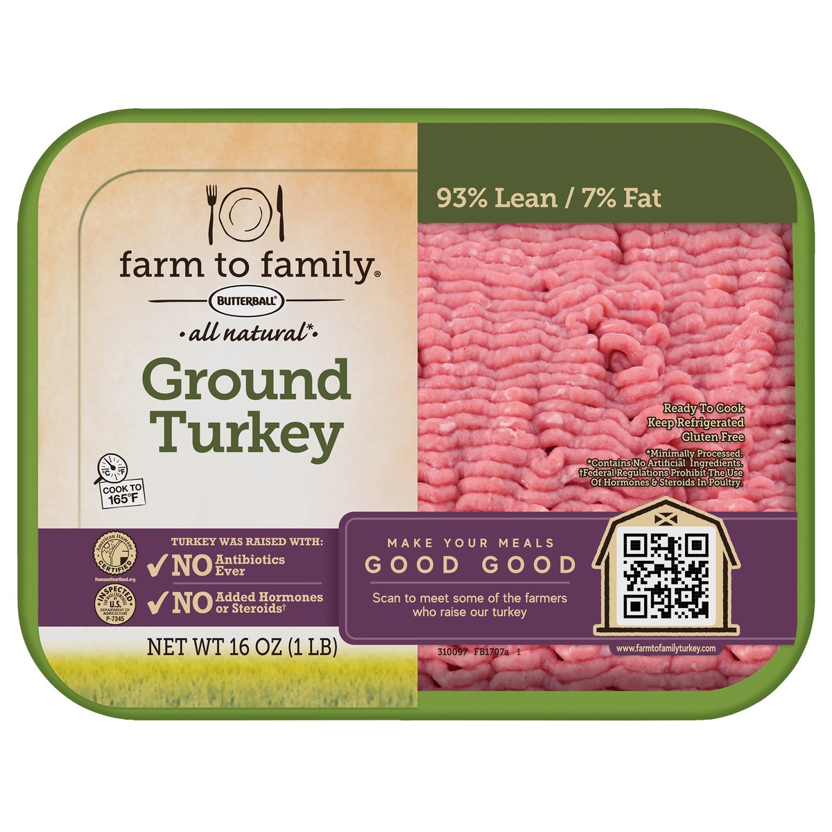 slide 1 of 9, Butterball 93% Lean/7% Fat All Natural Ground Turkey 16 oz, 1 lb