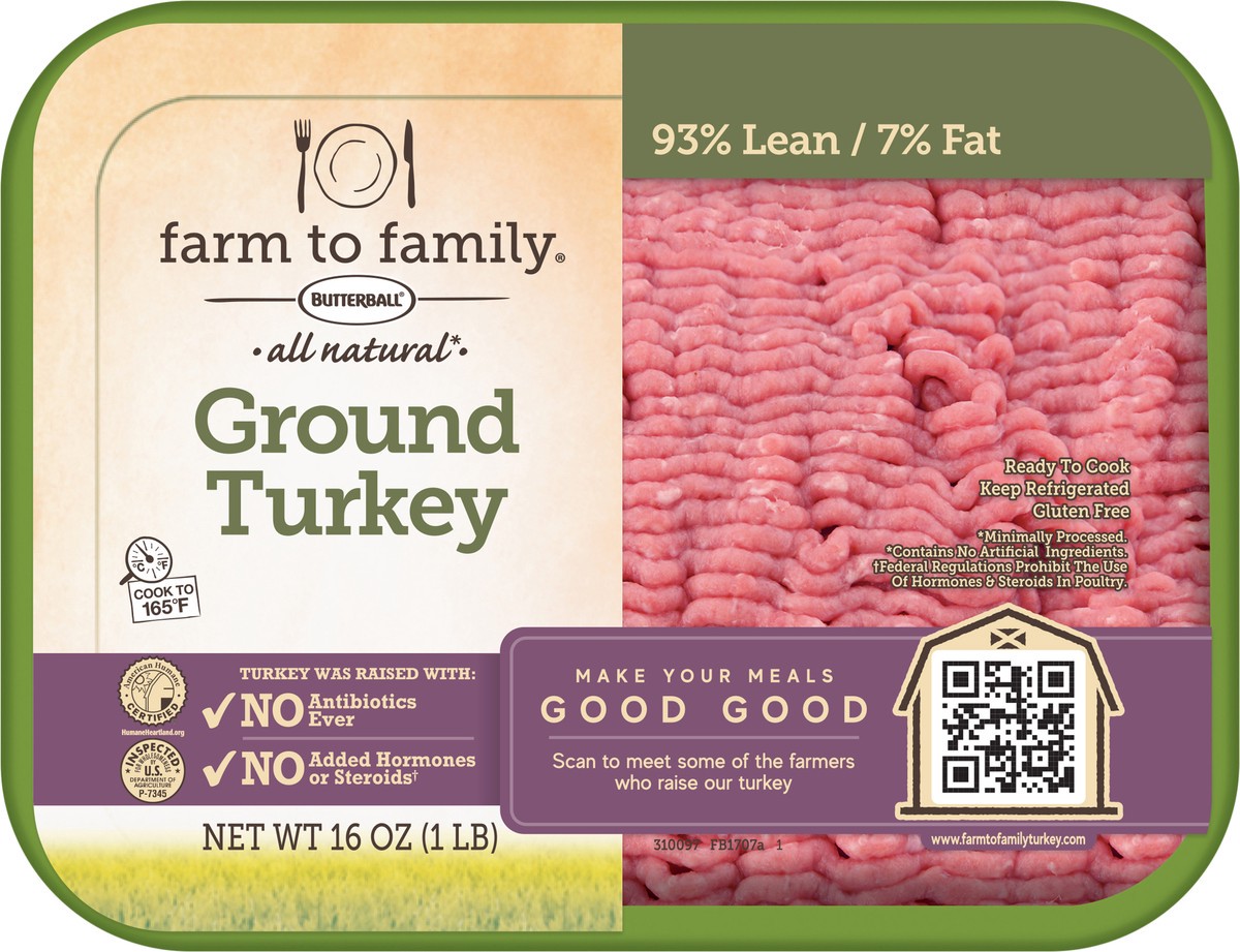 slide 6 of 9, Butterball 93% Lean/7% Fat All Natural Ground Turkey 16 oz, 1 lb