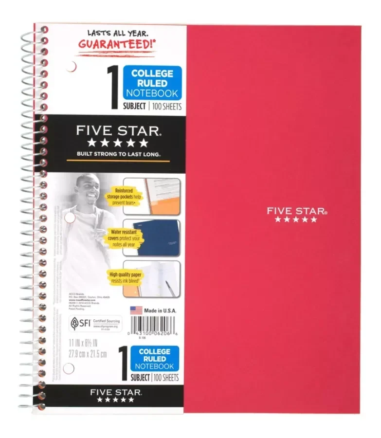 slide 4 of 4, Five Star Red 1 Subject College Ruled Spiral Notebook, 100 ct