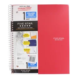 Five Star Red 1 Subject College Ruled Spiral Notebook