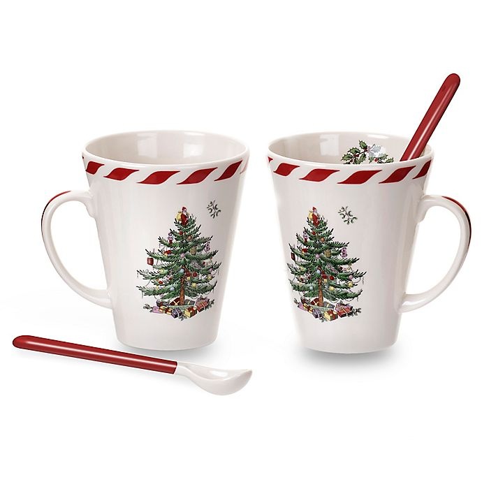 slide 1 of 1, Spode Christmas Tree Peppermint Mugs with Spoons, 2 ct