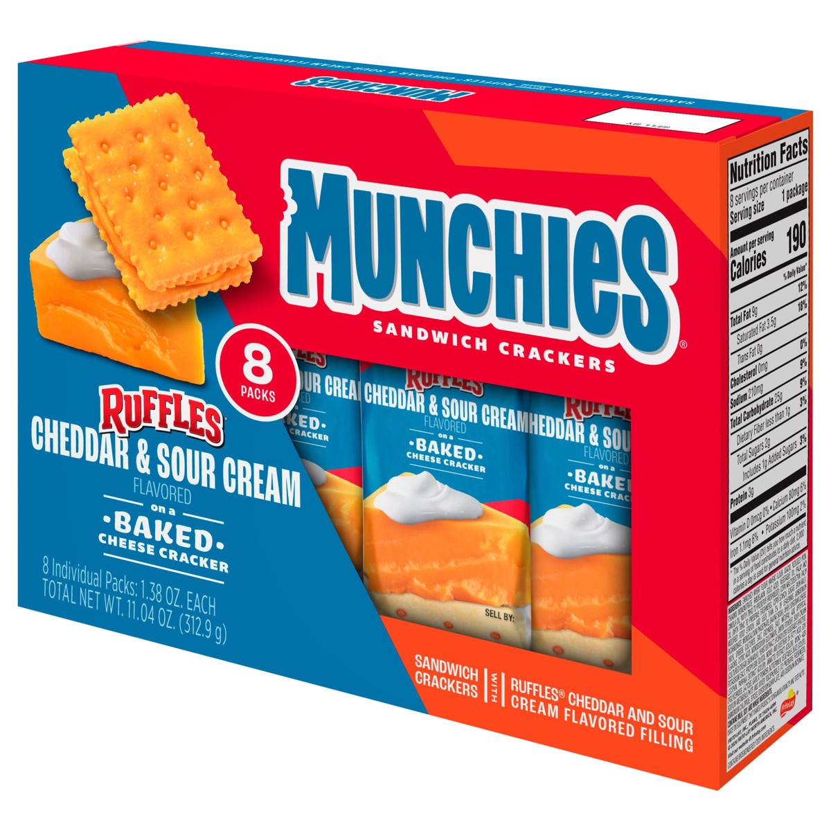 slide 10 of 10, Munchies Sandwich Crackers Cheddar & Sour Cream Flavored 11.04 Oz, 8 Count, 8 ct