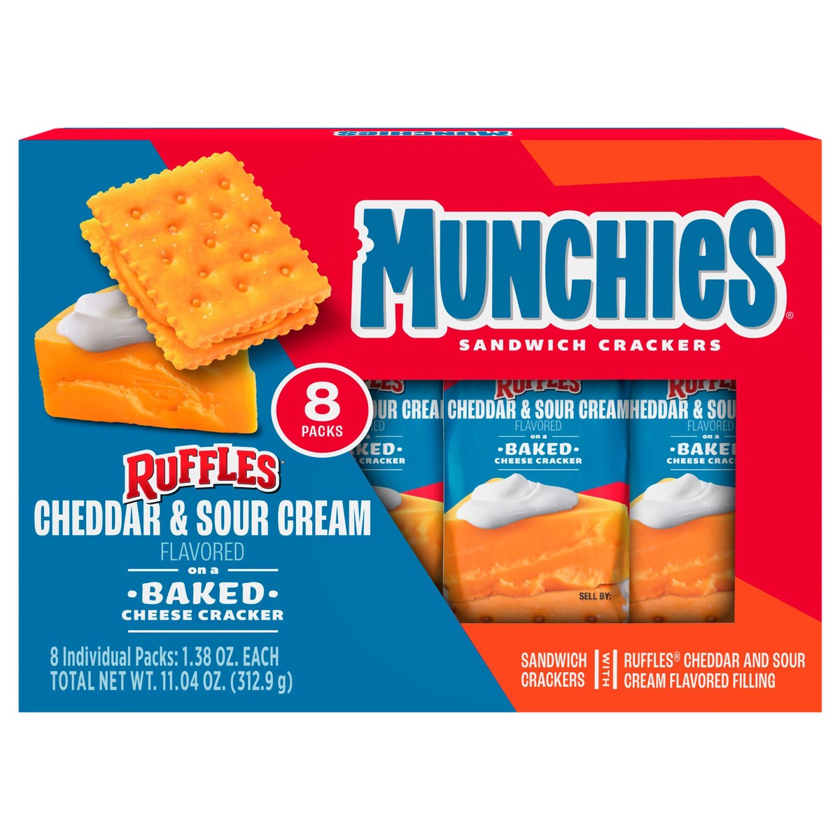 slide 1 of 10, Munchies Münchies Sandwich Crackers Cheddar & Sour Cream Flavored 11.04 Oz, 8 Count, 8 ct