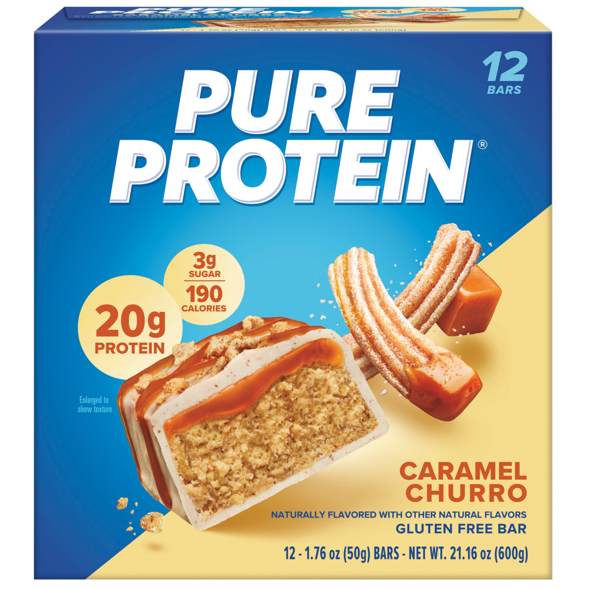 slide 1 of 2, Pure Protein Bars, Caramel Churro Protein, Gluten Free, 20 gram, 1.76 oz, 12 ct