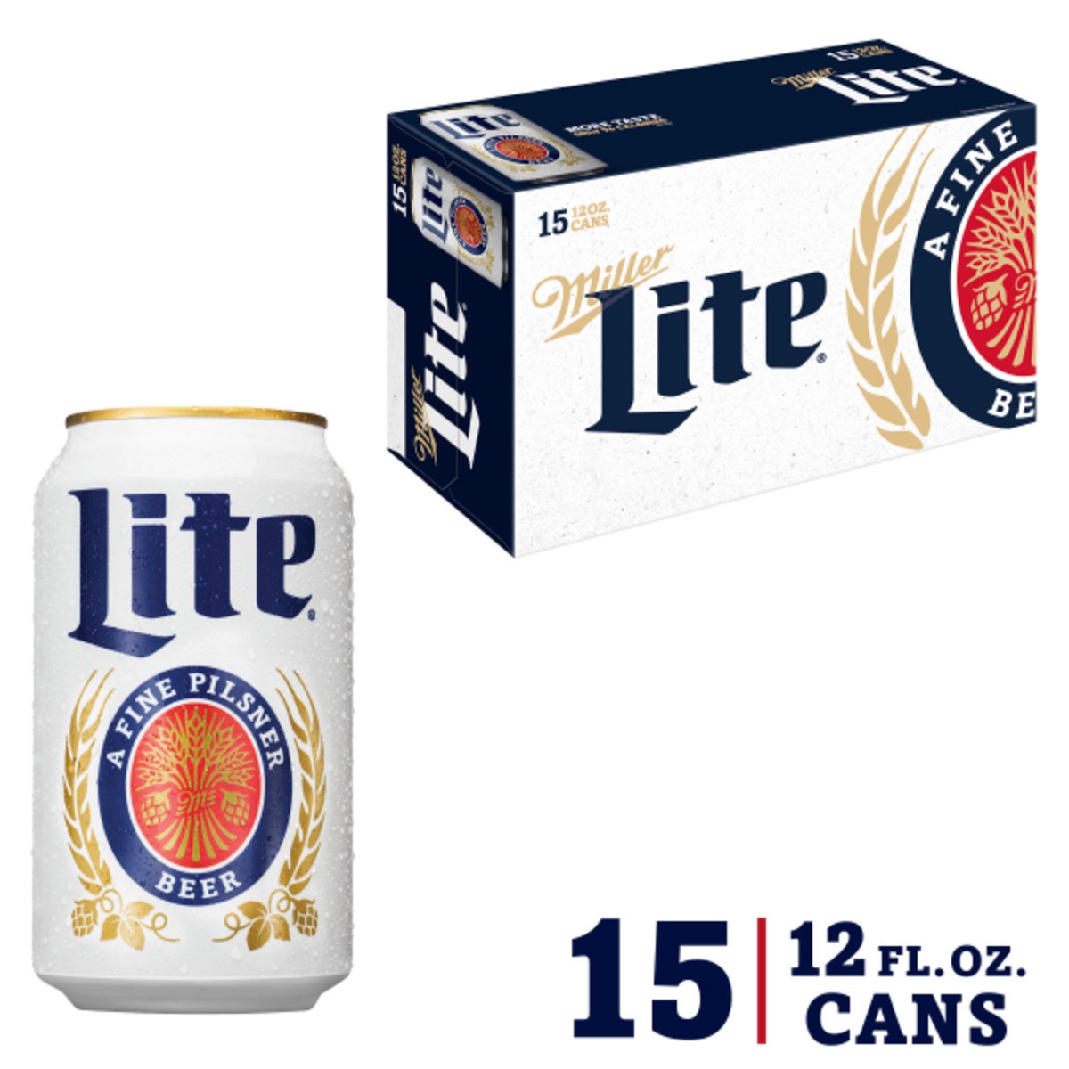 slide 1 of 25, Miller Lite American Light Lager Beer, 4.2% ABV, 15-pack, 12-oz beer cans, 15 oz