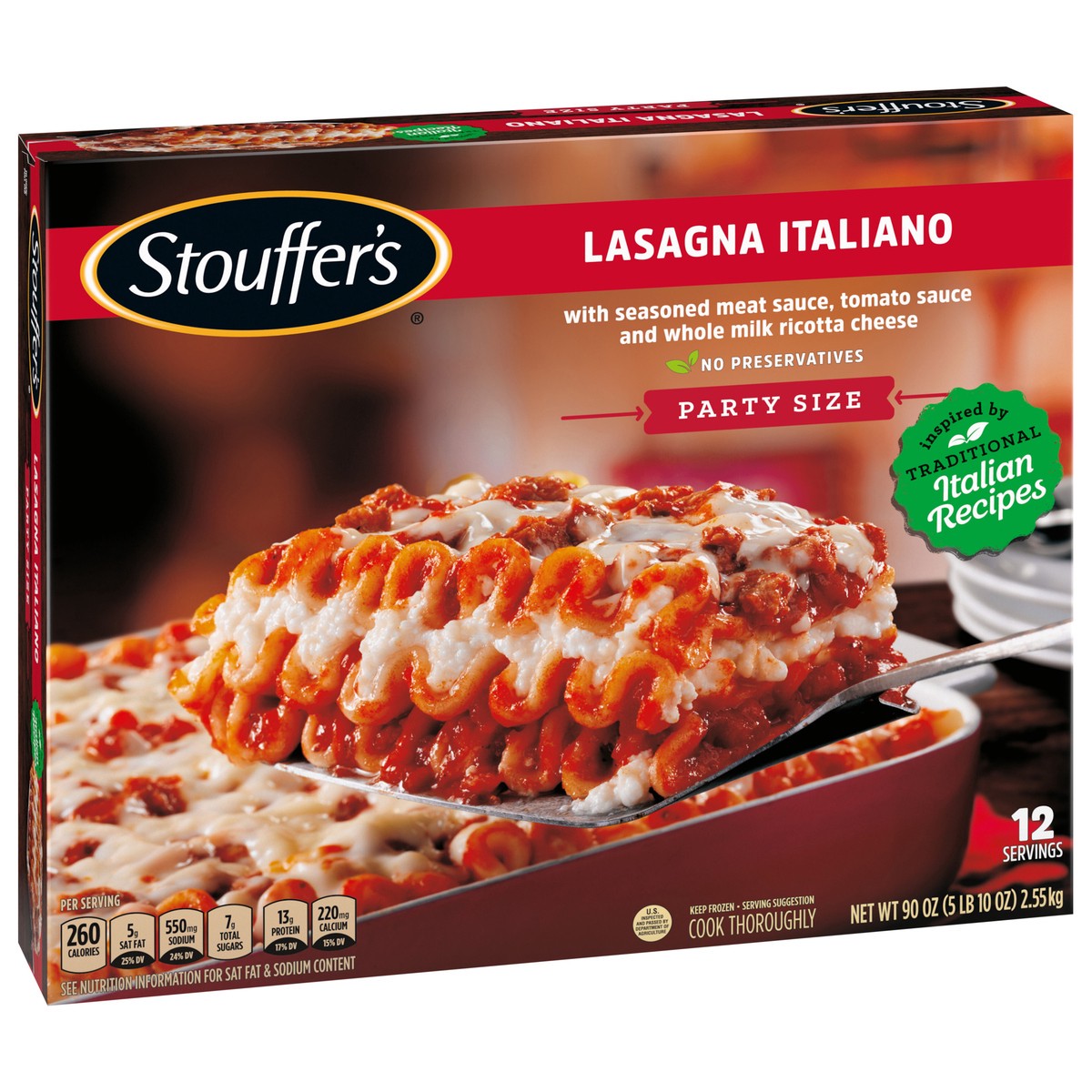 slide 2 of 9, STOUFFER'S Party Size Lasagna Italiano Frozen Meal 90 oz., 90 oz