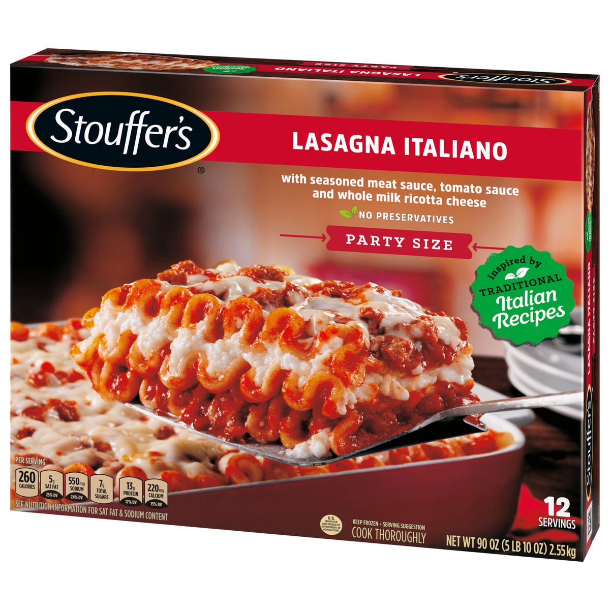 slide 3 of 9, STOUFFER'S Party Size Lasagna Italiano Frozen Meal 90 oz., 90 oz