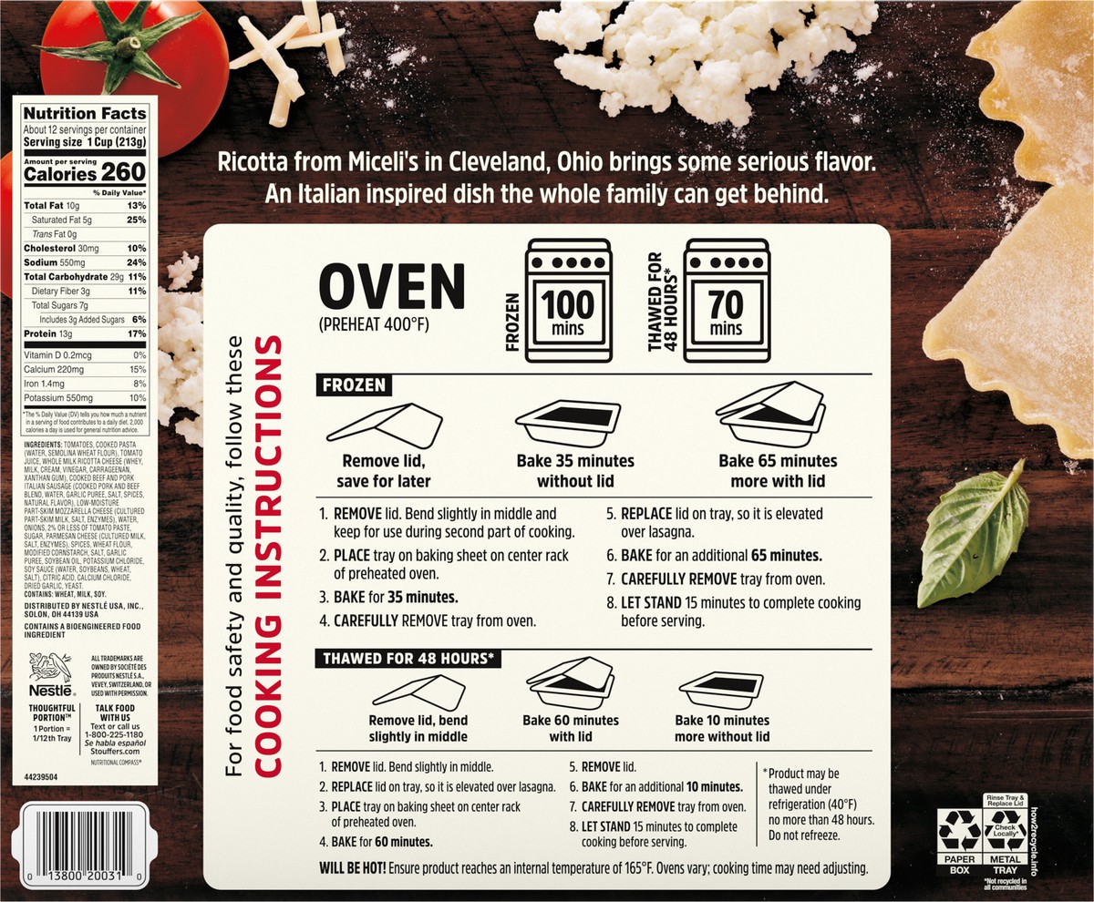 slide 5 of 9, STOUFFER'S Party Size Lasagna Italiano Frozen Meal 90 oz., 90 oz