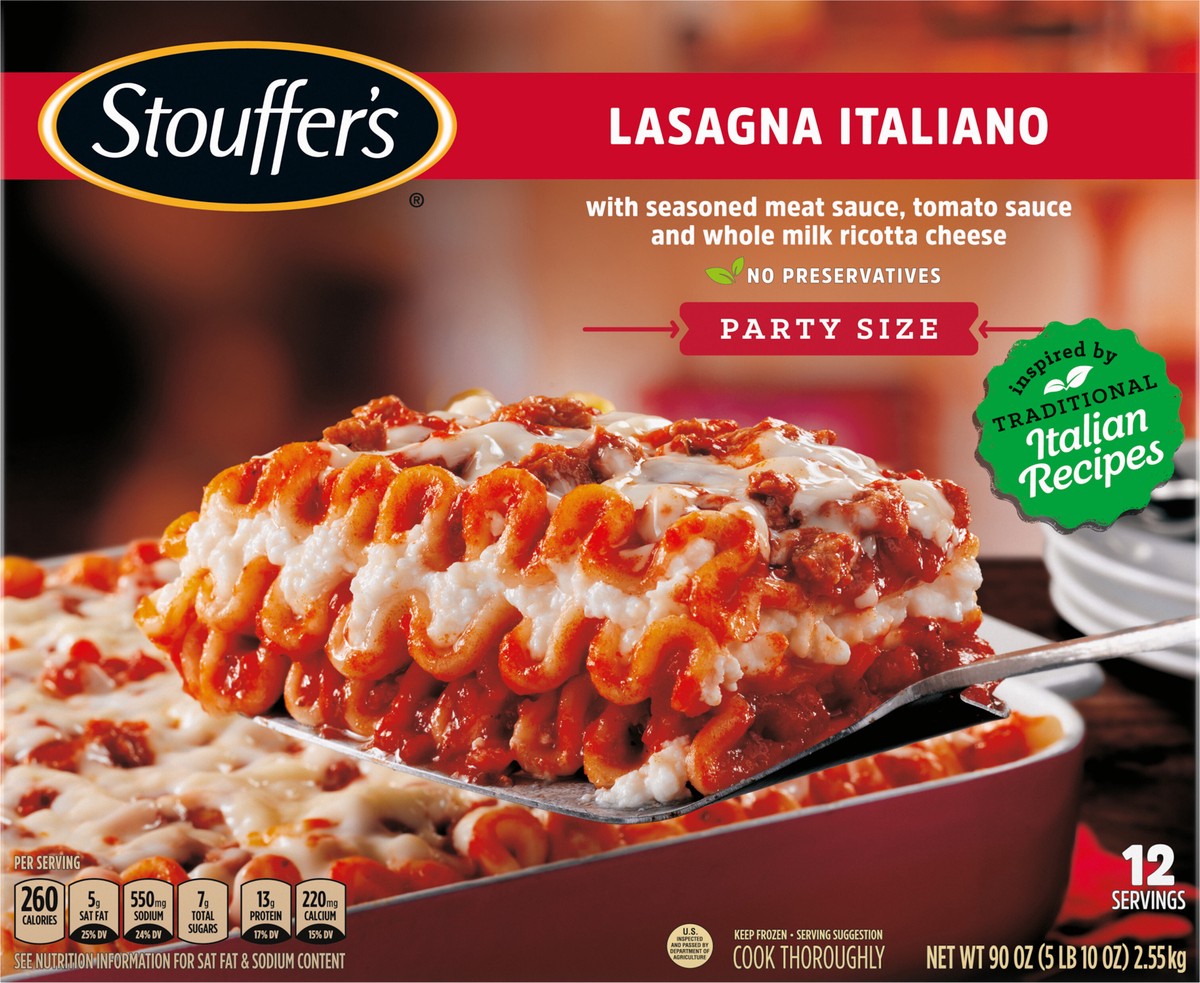 slide 6 of 9, STOUFFER'S Party Size Lasagna Italiano Frozen Meal 90 oz., 90 oz