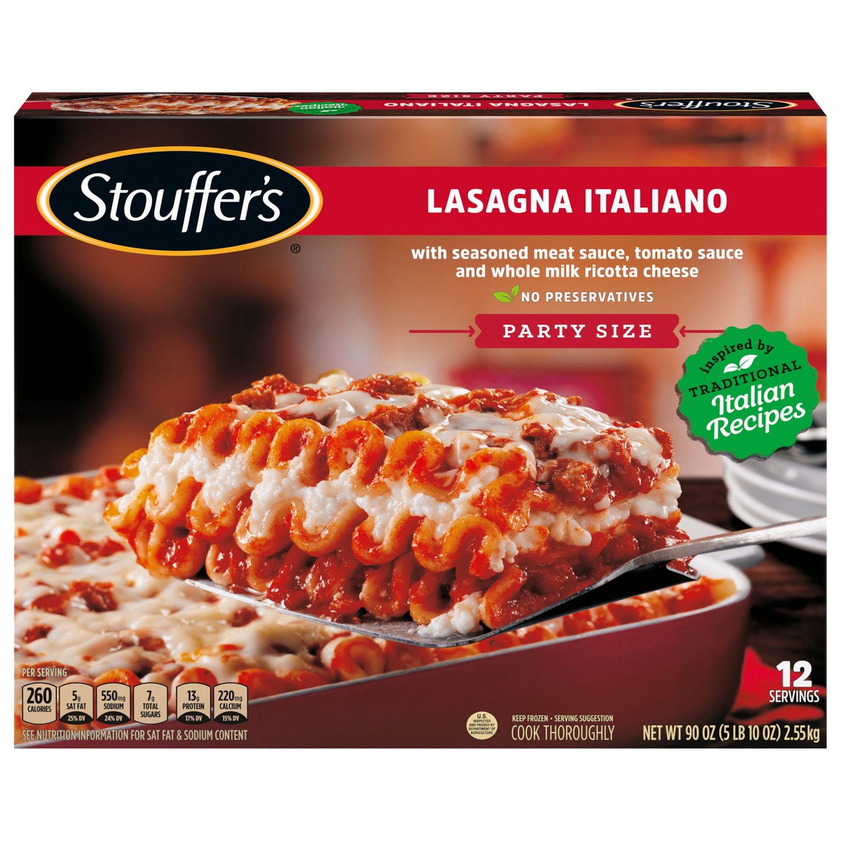 slide 1 of 9, STOUFFER'S Party Size Lasagna Italiano Frozen Meal 90 oz., 90 oz