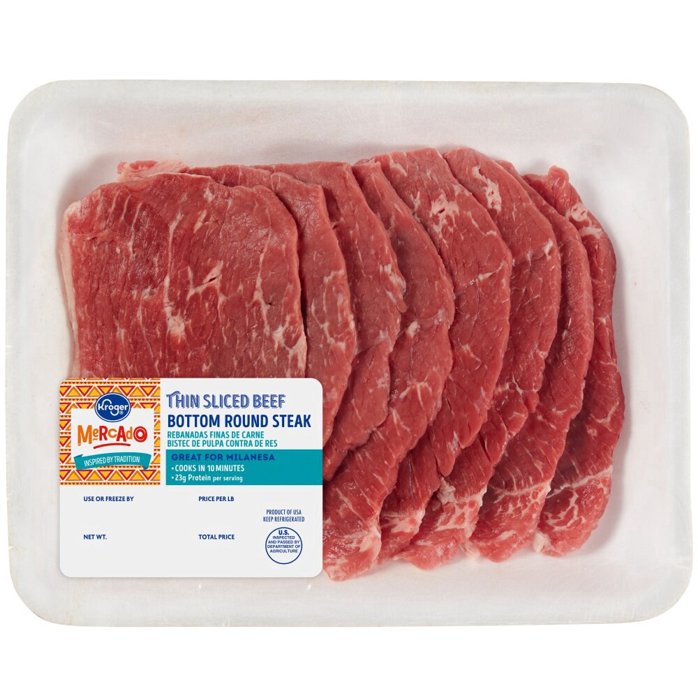 slide 1 of 1, Kroger Mercado Thin Sliced Beef Bottom Round Steak, per lb