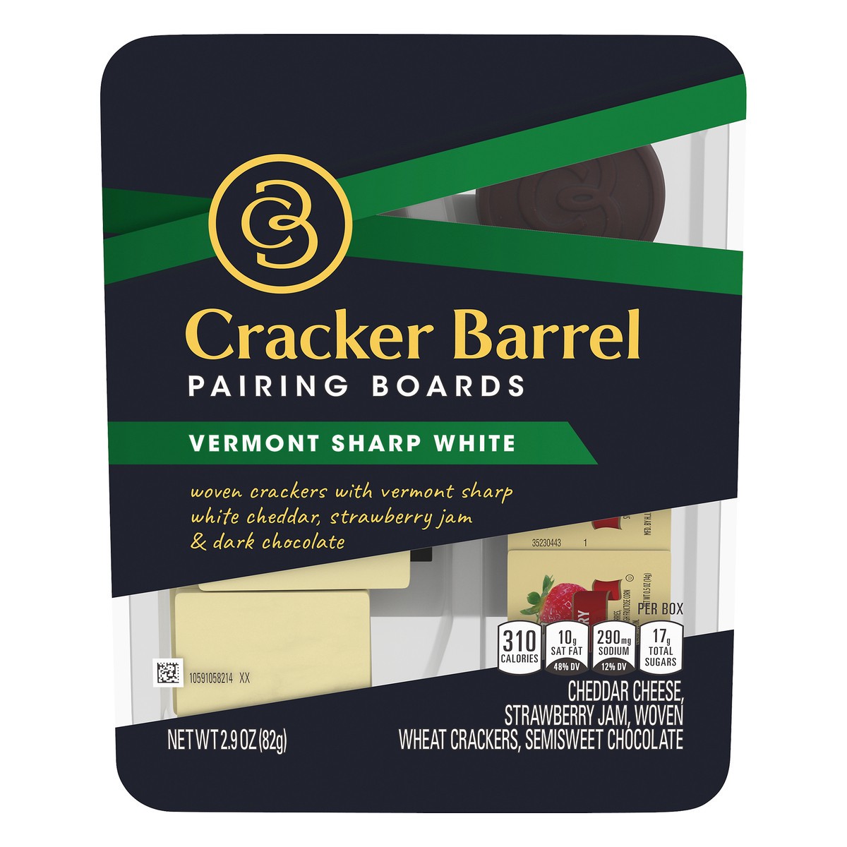 slide 2 of 14, Cracker Barrel Pairing Boards, Vermont Sharp White Cheddar, Strawberry Jam, Woven Crackers and Dark Chocolate, Individually Sealed Single-Serve Snack, 2.9 oz Package, 2.9 oz