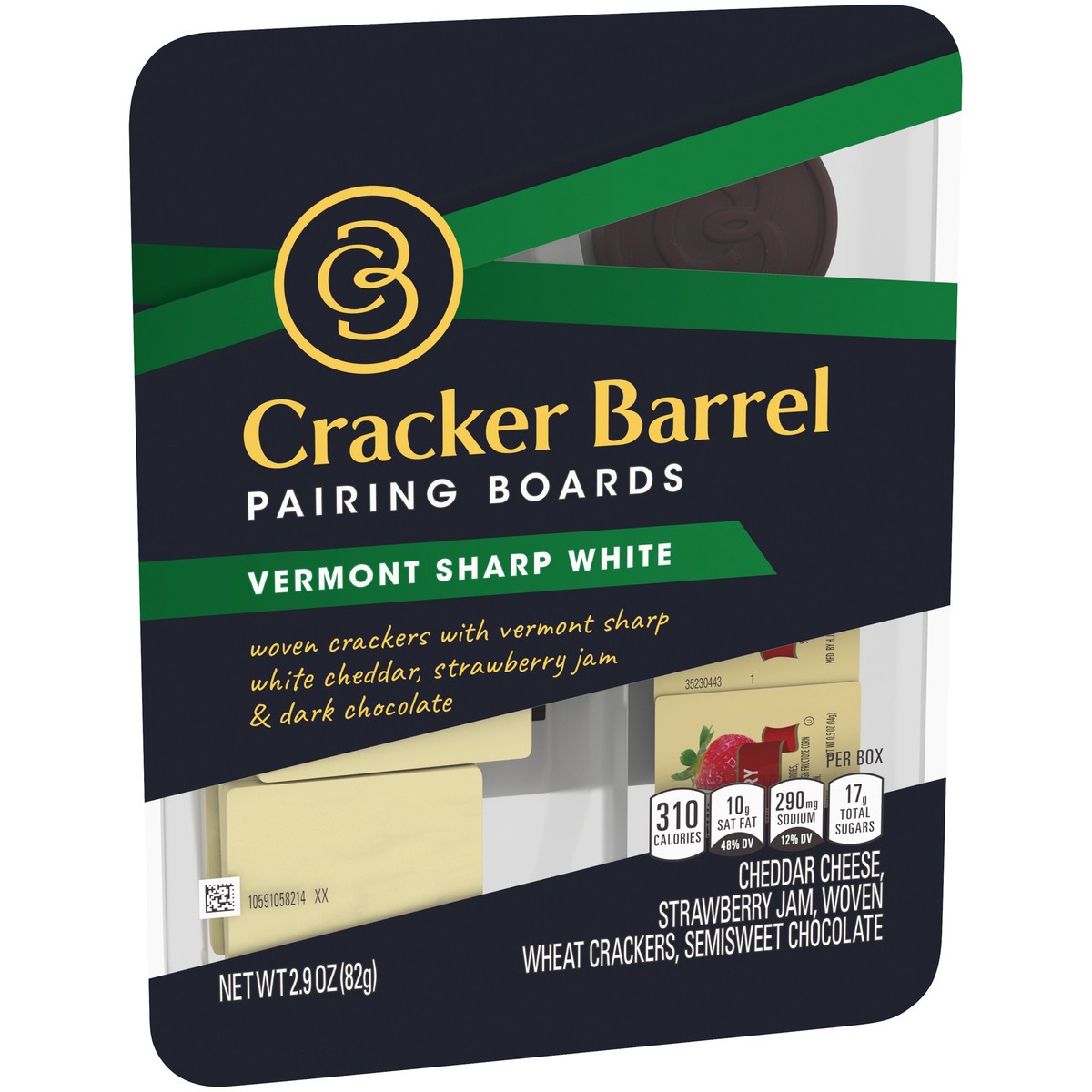 slide 3 of 14, Cracker Barrel Pairing Boards, Vermont Sharp White Cheddar, Strawberry Jam, Woven Crackers and Dark Chocolate, Individually Sealed Single-Serve Snack, 2.9 oz Package, 2.9 oz