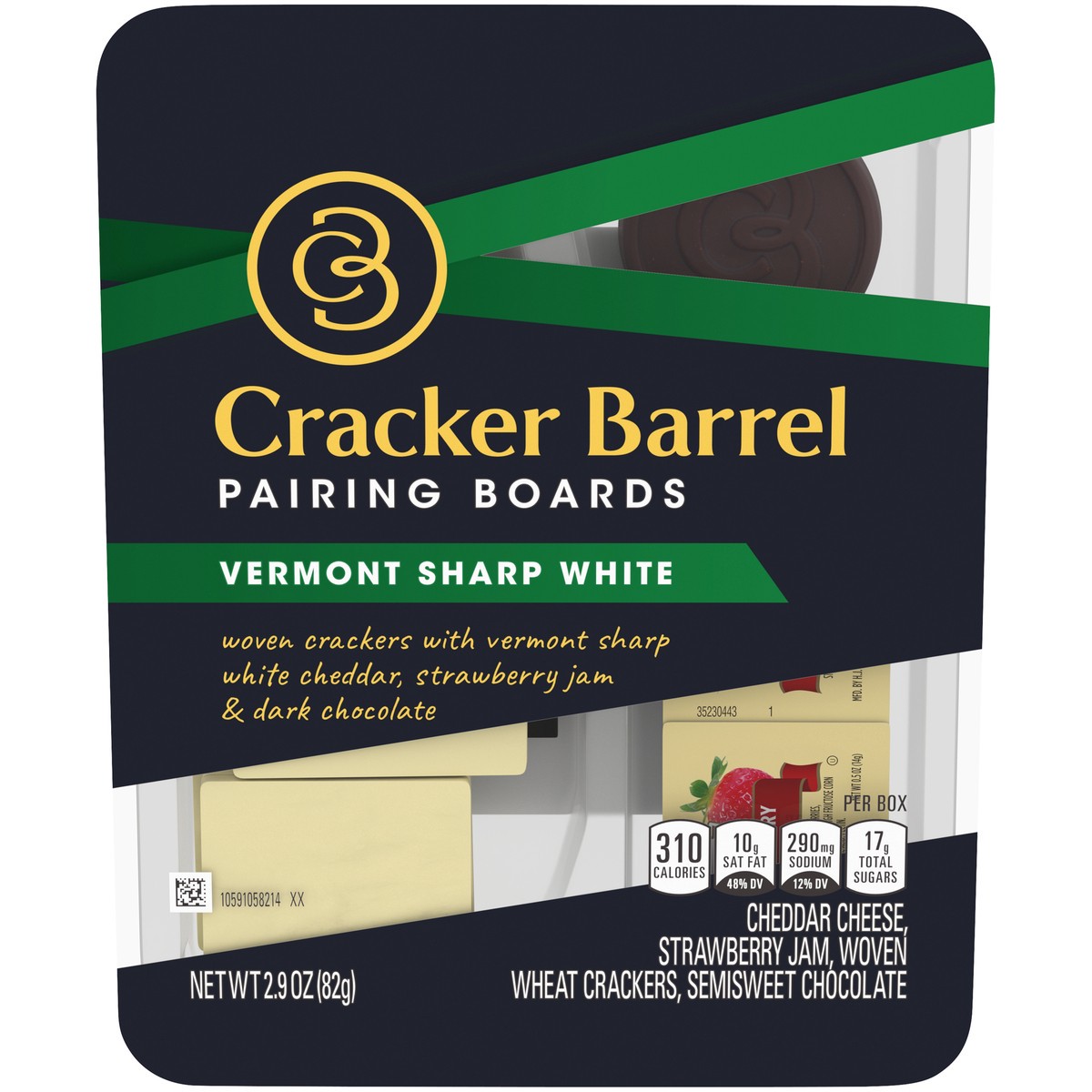 slide 1 of 14, Cracker Barrel Pairing Boards, Vermont Sharp White Cheddar, Strawberry Jam, Woven Crackers and Dark Chocolate, Individually Sealed Single-Serve Snack, 2.9 oz Package, 2.9 oz