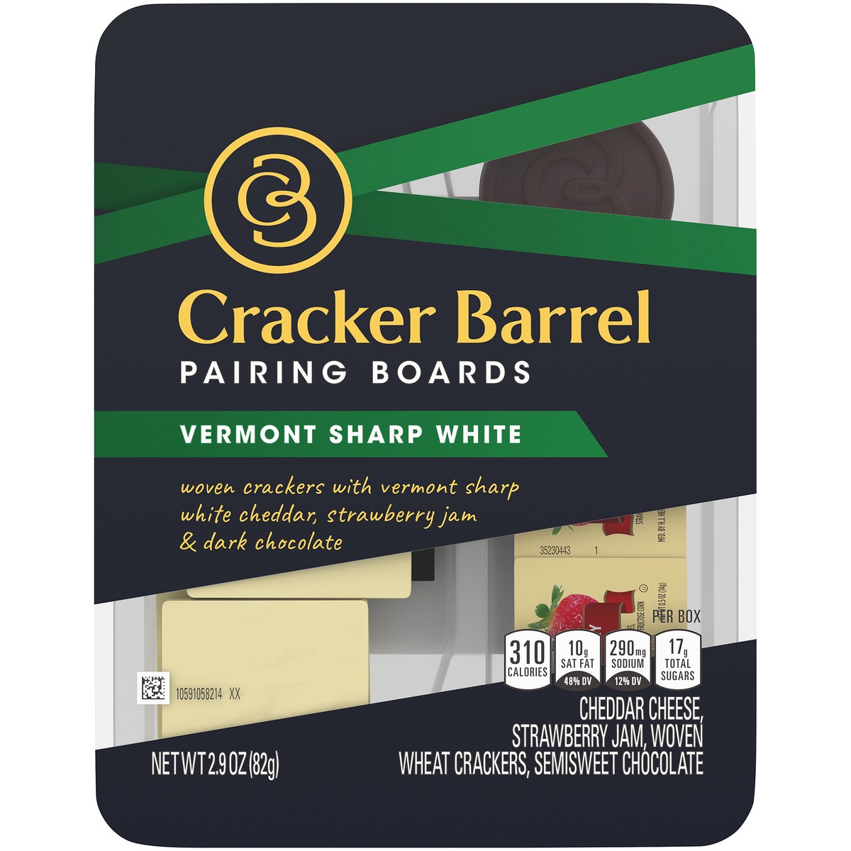 slide 6 of 14, Cracker Barrel Pairing Boards, Vermont Sharp White Cheddar, Strawberry Jam, Woven Crackers and Dark Chocolate, Individually Sealed Single-Serve Snack, 2.9 oz Package, 2.9 oz