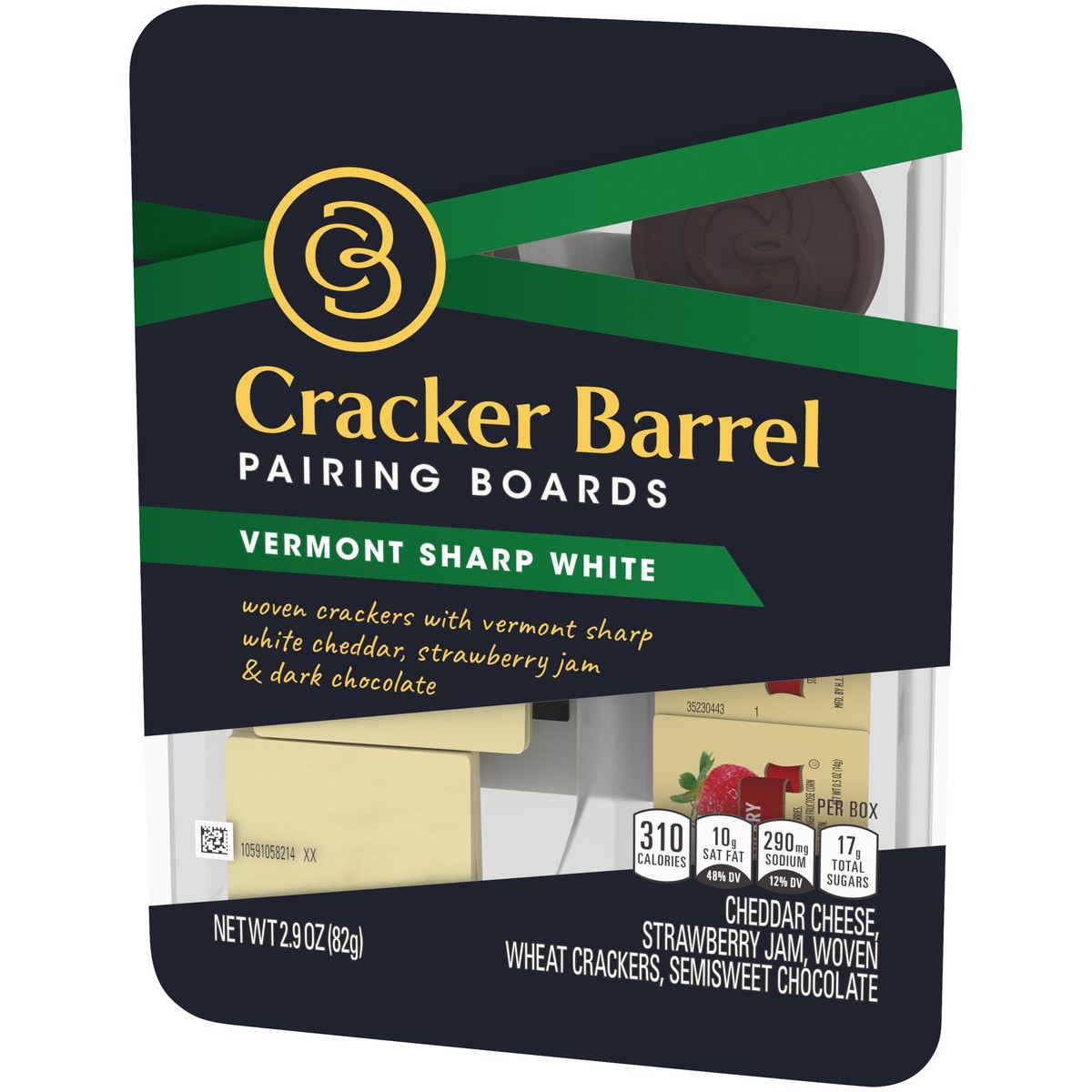 slide 9 of 14, Cracker Barrel Pairing Boards, Vermont Sharp White Cheddar, Strawberry Jam, Woven Crackers and Dark Chocolate, Individually Sealed Single-Serve Snack, 2.9 oz Package, 2.9 oz