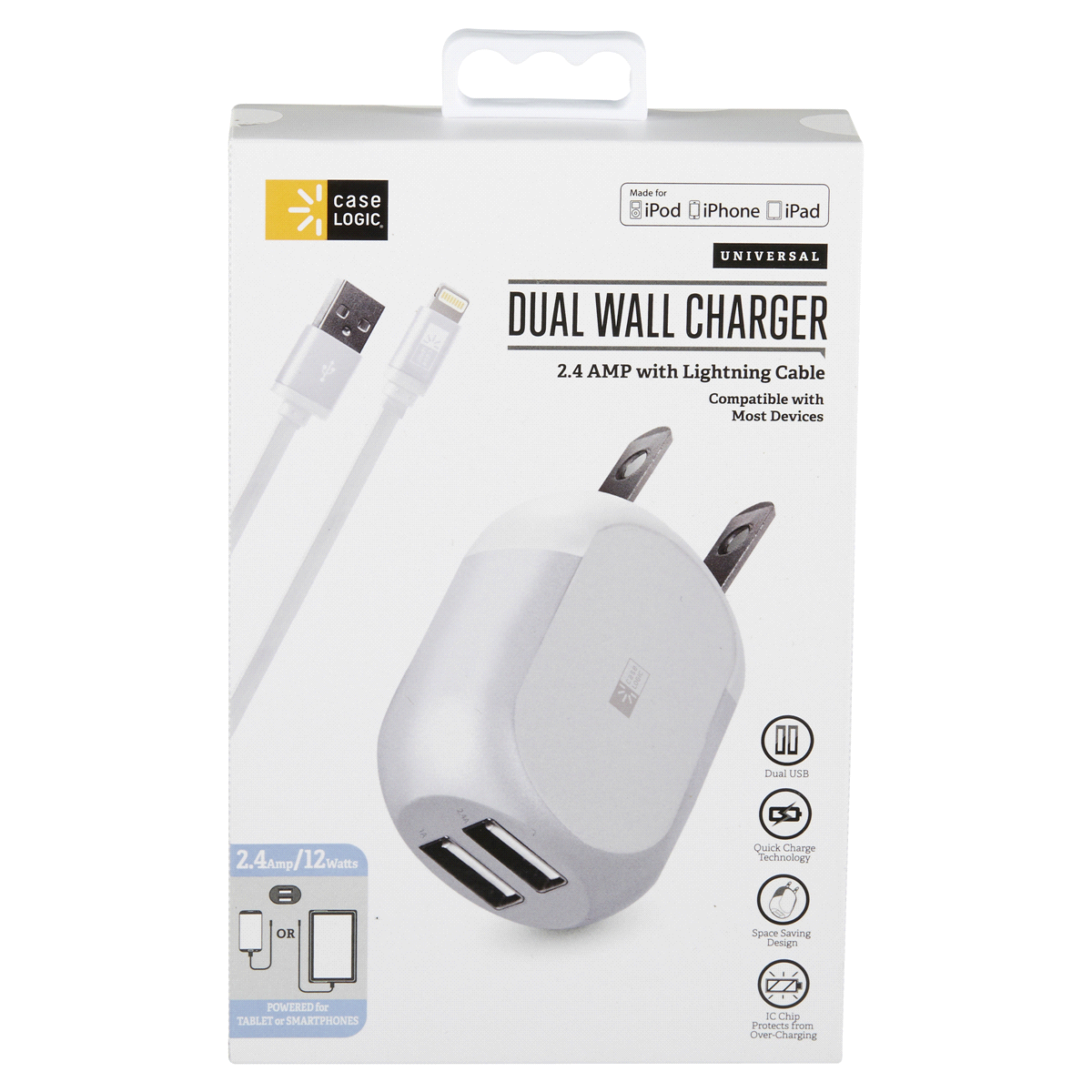 slide 1 of 1, Case Logic 12W Lightning Wall Charger, White, wall