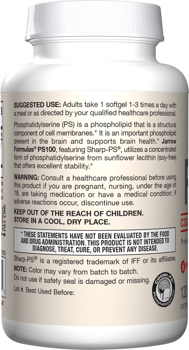 slide 4 of 4, Jarrow Formulas PS100 Phosphatidylserine 100mg, Dietary Supplement for Brain Health and Cognitive Function Support, 120 Softgels, Up to a 40-120 Day Supply, 120 ct