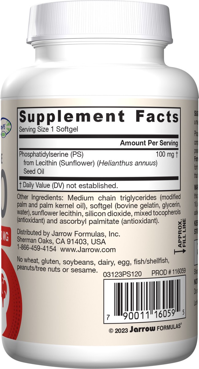slide 3 of 4, Jarrow Formulas PS100 Phosphatidylserine 100mg, Dietary Supplement for Brain Health and Cognitive Function Support, 120 Softgels, Up to a 40-120 Day Supply, 120 ct
