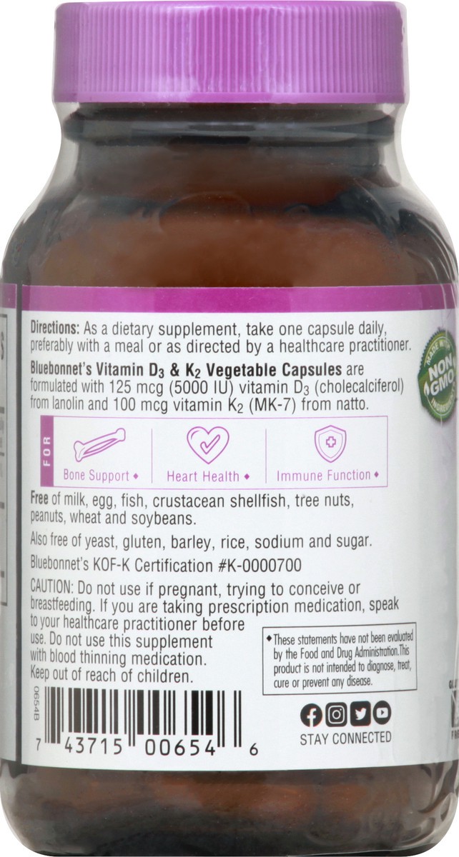 slide 7 of 9, Bluebonnet Nutrition Vegetable Capsules Vitamin D3 & K2 60 ea, 60 ct