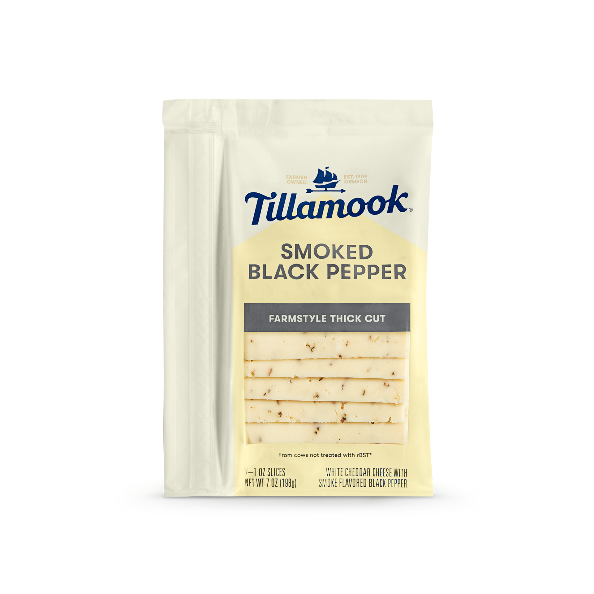 slide 1 of 6, Tillamook Farmstyle Thick Cut Smoked Black Pepper Cheese Slices, 7oz, 7ct, 198 gram