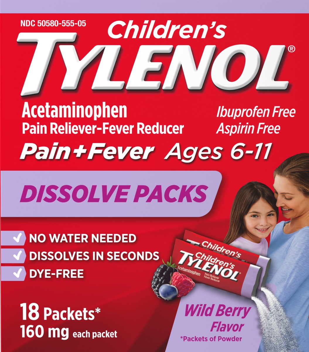 slide 3 of 7, Tylenol Children's Pain + Fever Wild Berry Dissolve Packs, 18 ct