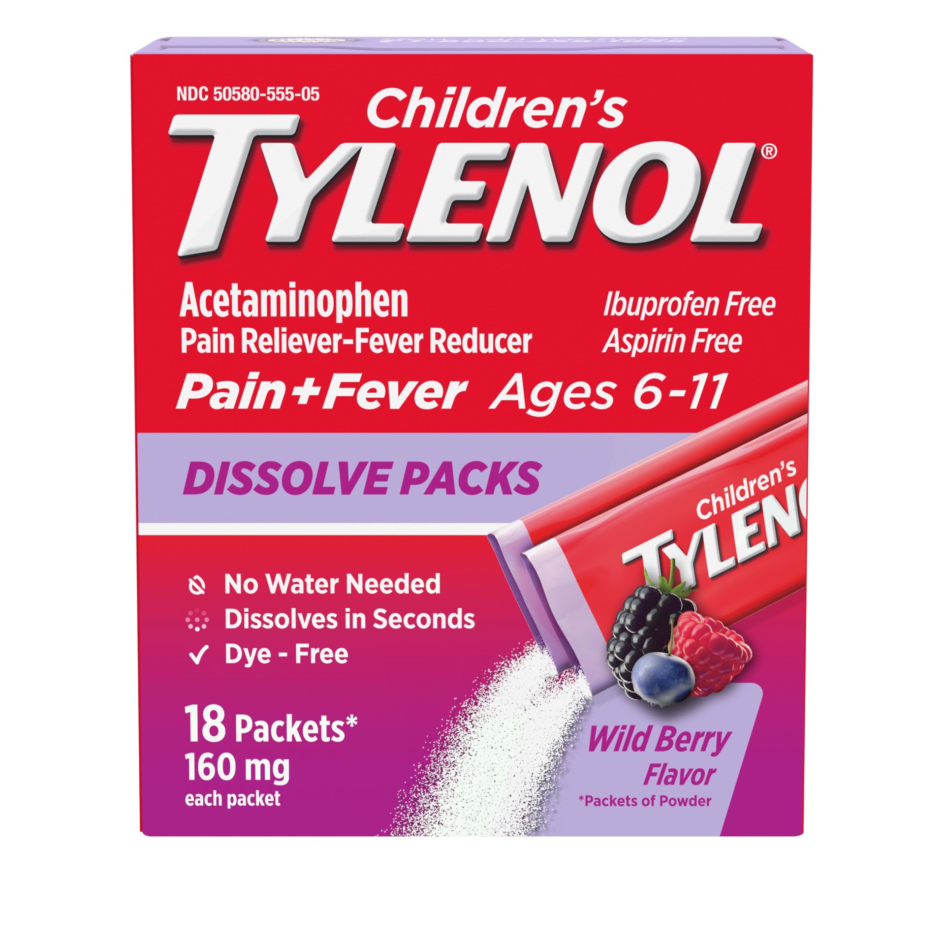 slide 1 of 7, Tylenol Children's Pain + Fever Wild Berry Dissolve Packs, 18 ct