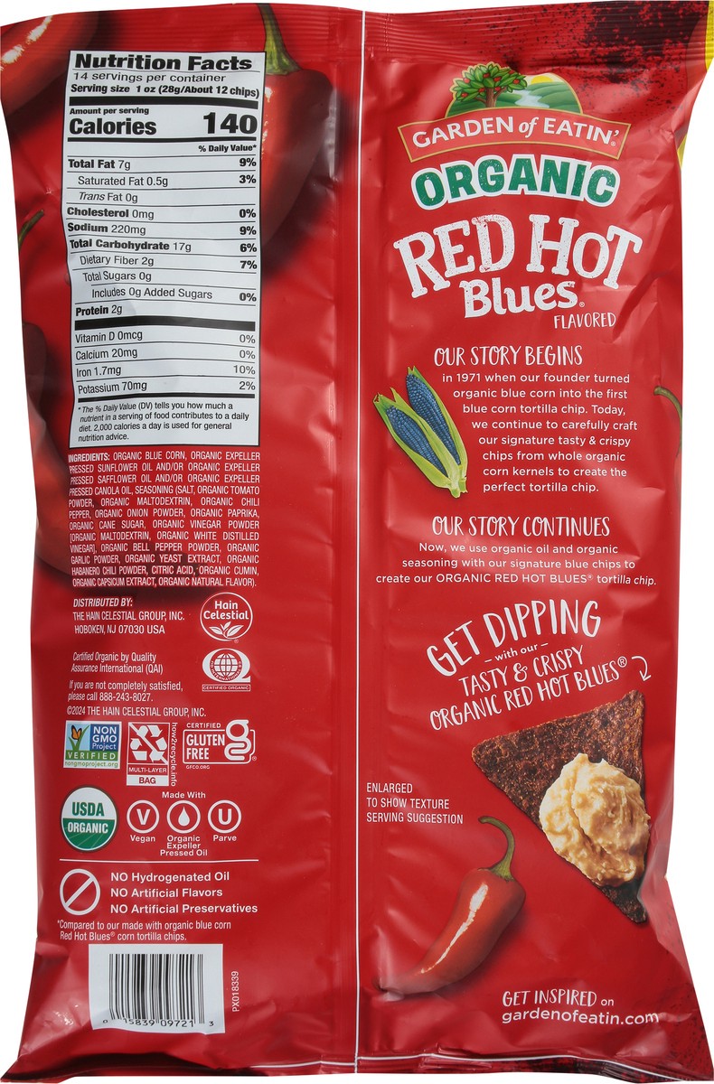 slide 4 of 12, Garden of Eatin' Organic Red Hot Blues Flavored Corn Tortilla Chips 14 oz, 14 oz