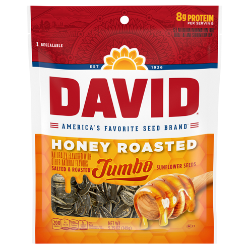 slide 1 of 1, DAVID Honey Roasted Flavored Salted & Roasted Jumbo Sunflower Seeds, 5.25 oz.,