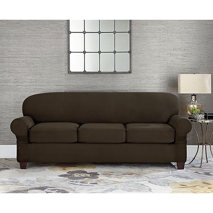 slide 1 of 2, SureFit Home Decor Designer Suede Individual Cushion 3-Seat Sofa Slipcover - Chocolate, 1 ct