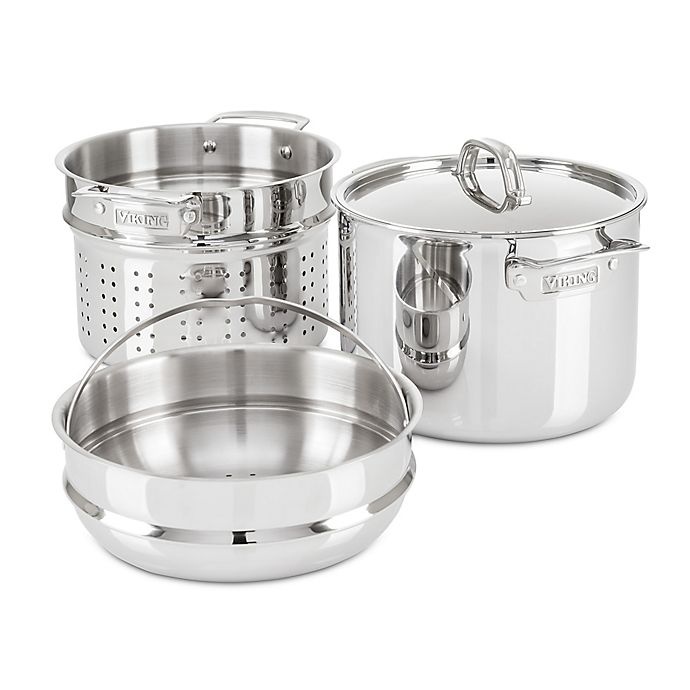 slide 1 of 1, Viking 3-Ply Stainless Steel Multi-Cooker Pot with Steamer, 8 qt