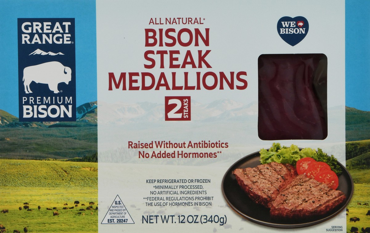 slide 1 of 12, Great Range Medallions Bison Steak 2 ea, 12 oz