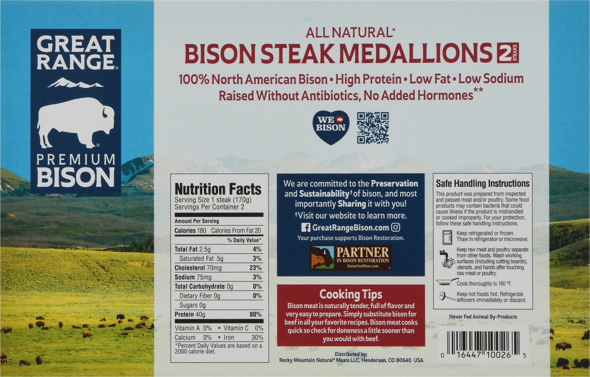 slide 2 of 12, Great Range Medallions Bison Steak 2 ea, 12 oz