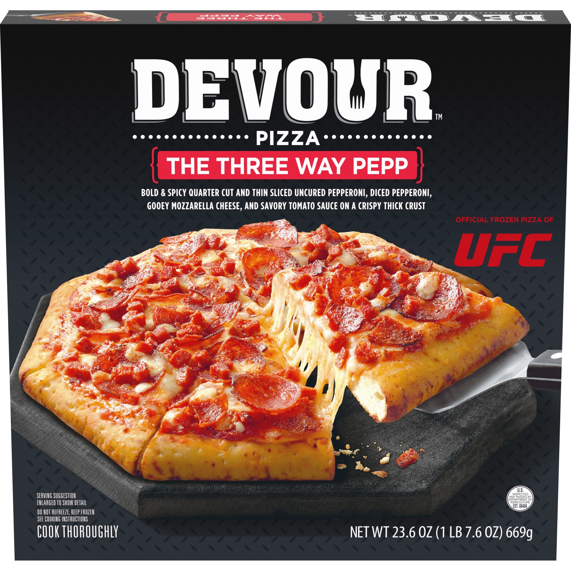 slide 1 of 1, DEVOUR The Three Way Pepp Frozen Pizza with Quarter Cut, Thin Sliced & Diced Pepperoni, 23.6 oz
