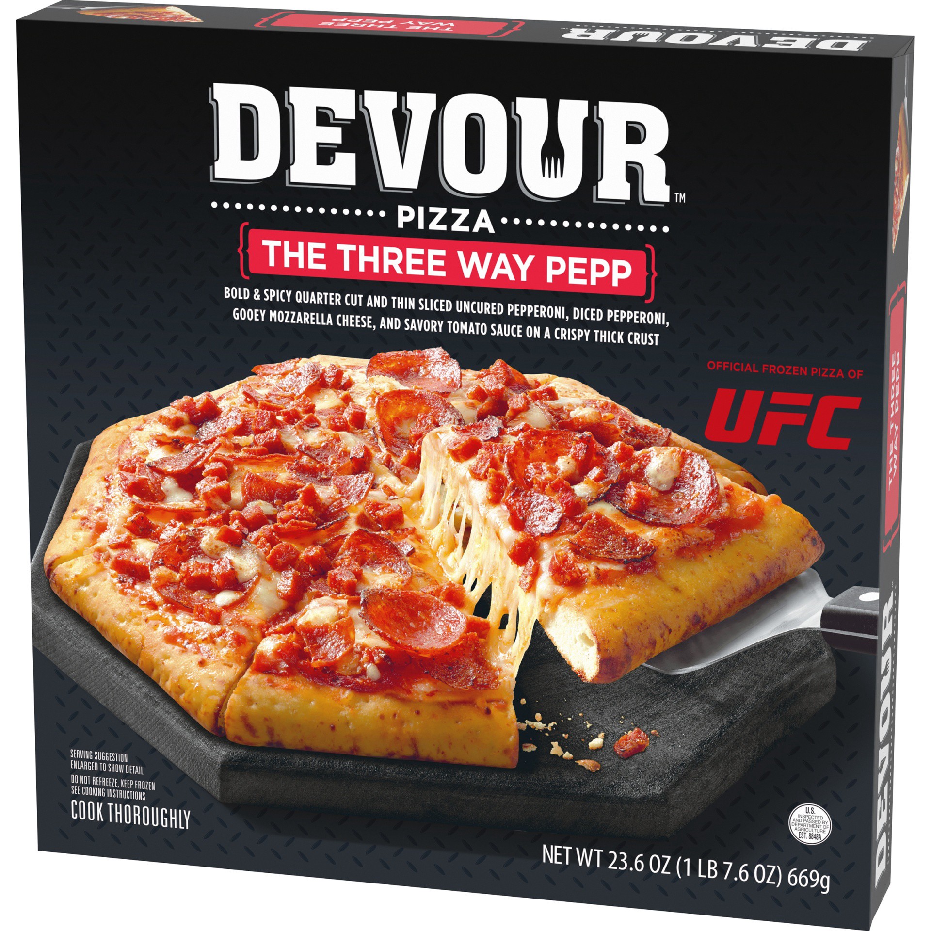 slide 3 of 12, DEVOUR Triple Pepperoni Frozen Pizza, 23.6 oz Box, 23.6 oz