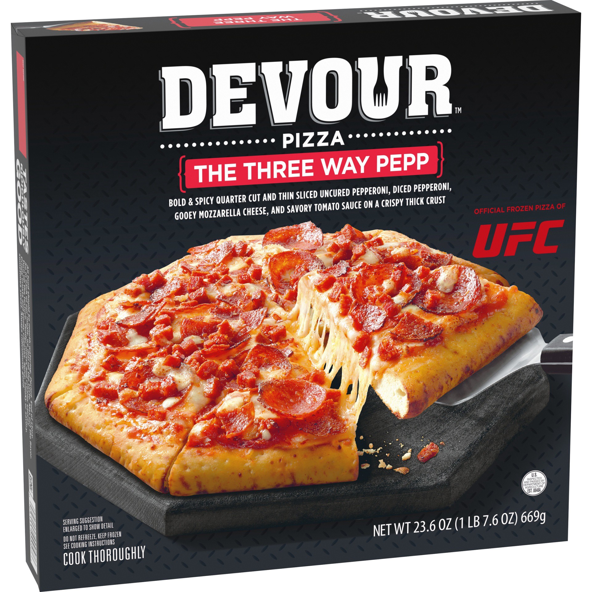 slide 11 of 12, DEVOUR Triple Pepperoni Frozen Pizza, 23.6 oz Box, 23.6 oz