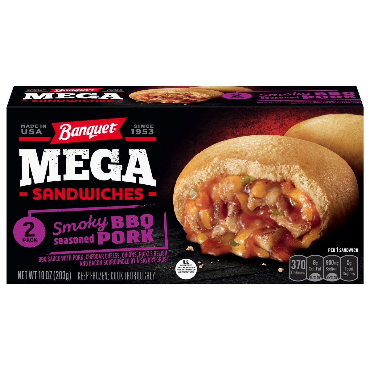 slide 1 of 5, Banquet Mega Smoky BBQ Seasoned Pork Sandwiches 2 Pack 2 ea, 2 ct