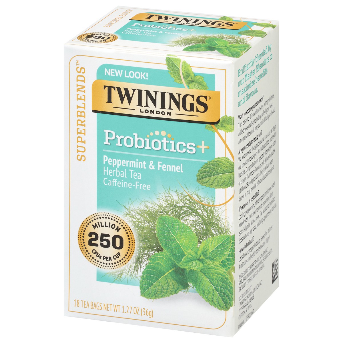 slide 6 of 9, Twinings Caffeine-Free Peppermint with Probiotics Herbal Tea 18 Tea Bags, 18 ct