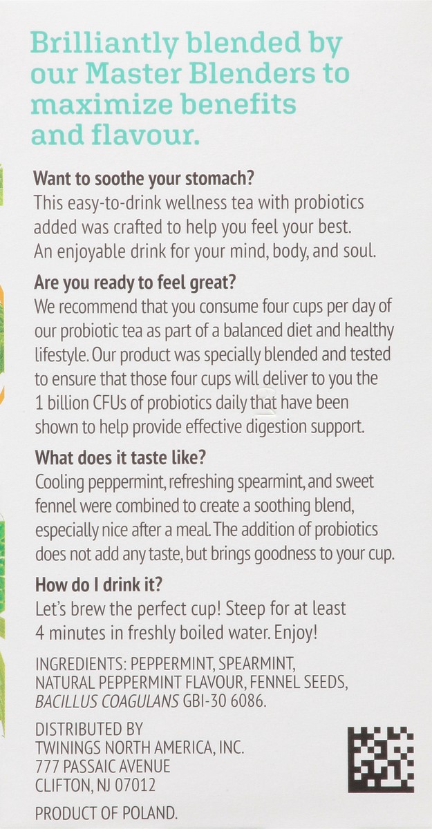 slide 2 of 9, Twinings Caffeine-Free Peppermint with Probiotics Herbal Tea 18 Tea Bags, 18 ct