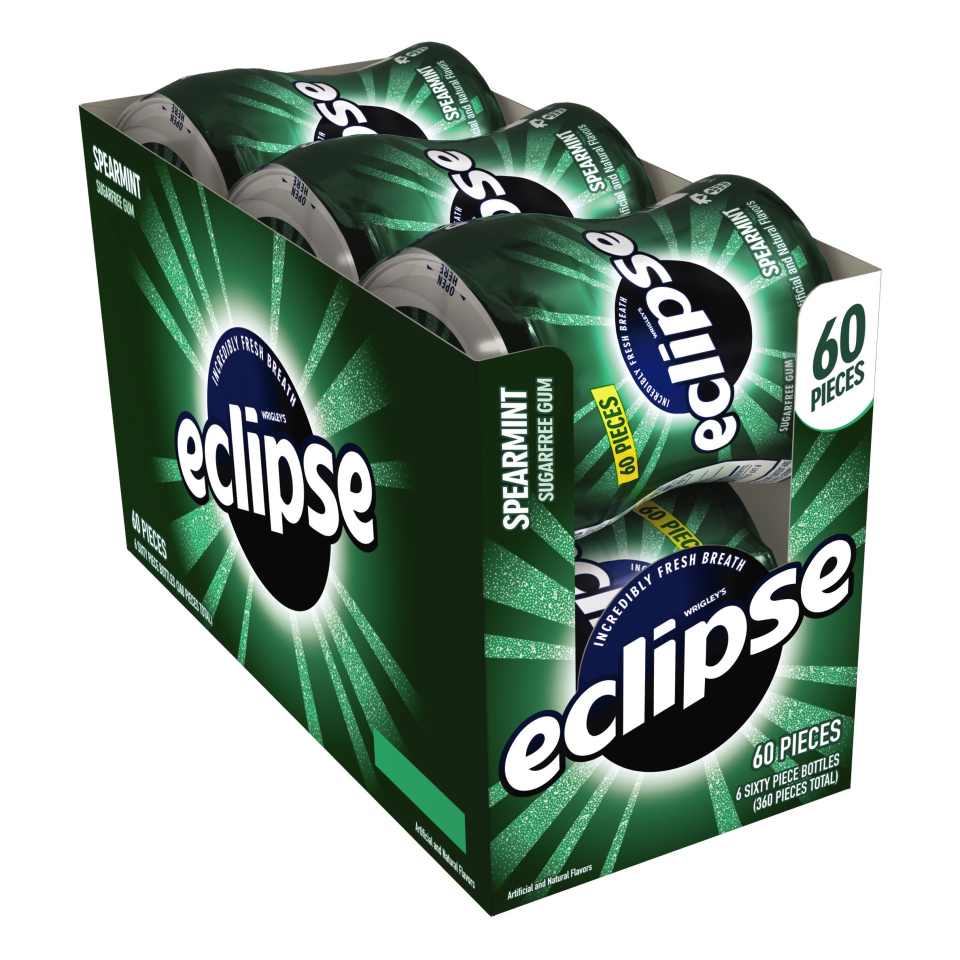 slide 1 of 5, ECLIPSE Spearmint Sugarfree Chewing Gum, 60 piece bottle (6 bottles), 360 pc