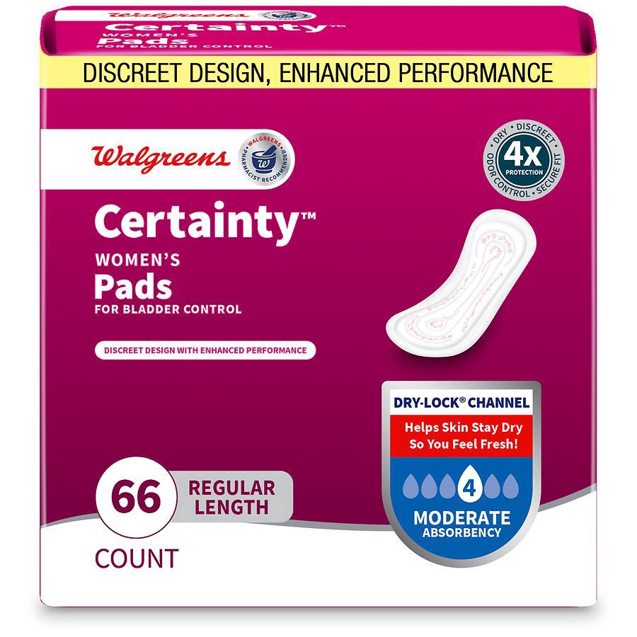 slide 1 of 5, Walgreens Certainty Incontinence Pads, 4 Drop Moderate Absorbency Regular Length, 66 ct