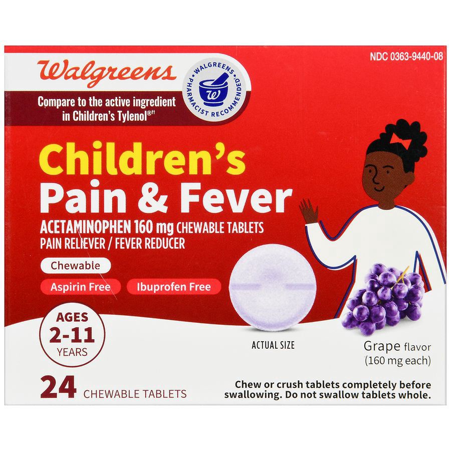 slide 2 of 5, Walgreens Children's Pain & Fever Chewable Tablets Grape, 24 ct