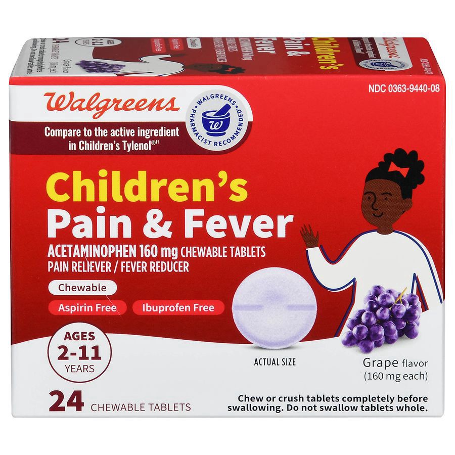 slide 1 of 5, Walgreens Children's Pain & Fever Chewable Tablets Grape, 24 ct