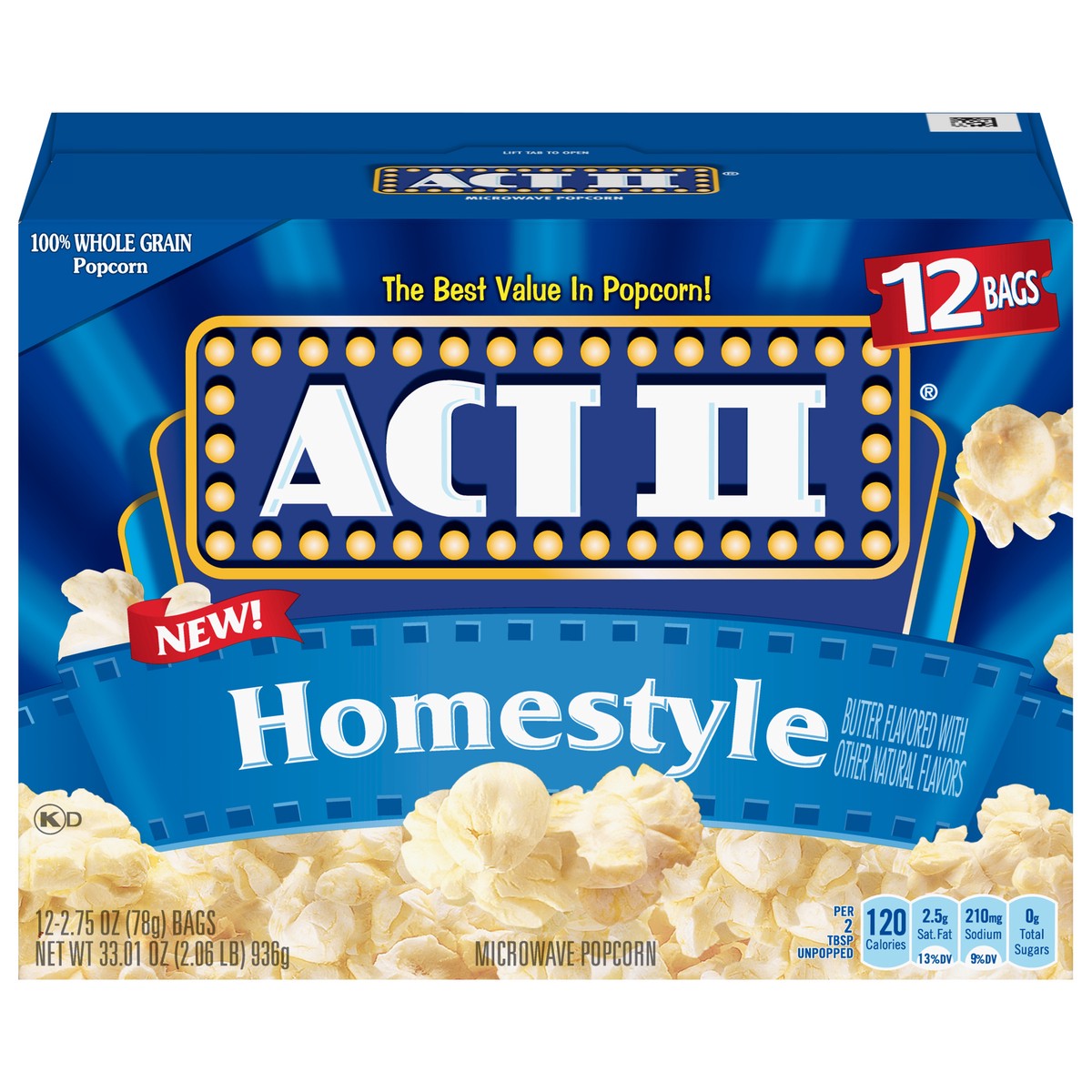 slide 1 of 5, ACT II Homestyle Butter Flavored Microwave Popcorn 12-2.75 oz Bags, 12 ct