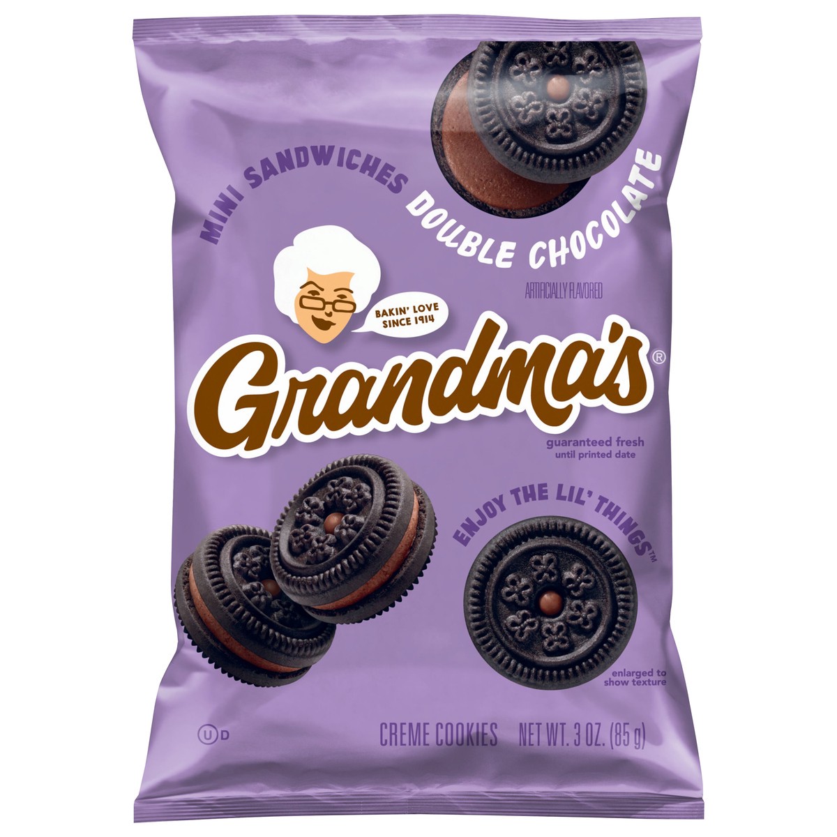 slide 1 of 9, Grandma's Mini Sandwich Creme Cookies Double Chocolate Artificially Flavored 3 Oz, 3 oz