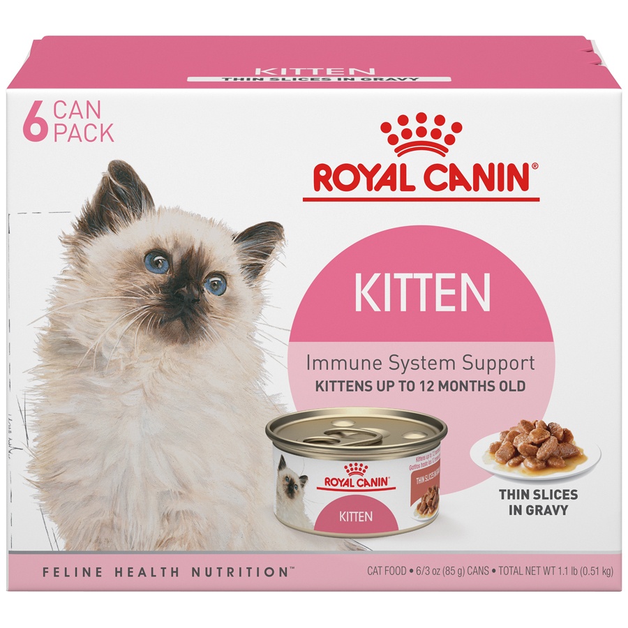 slide 1 of 9, Royal Canin Feline Health Nutrition Kitten Thin Slices in Gravy Canned Cat Food, 3 oz cans 6-pack, 6 ct