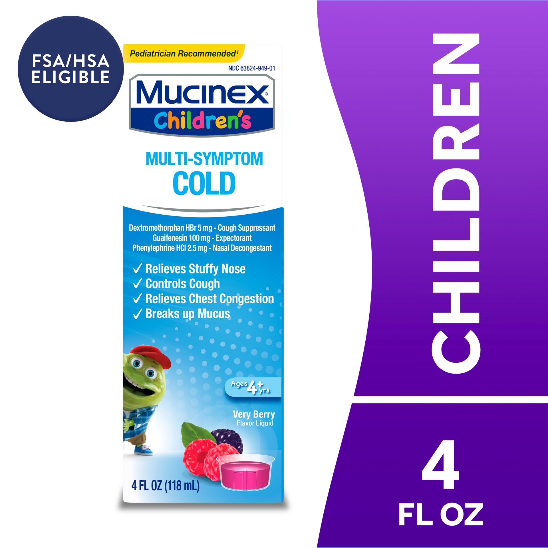 slide 1 of 33, Mucinex Children's Multi-Symptom Cold Liquid, Very Berry, 4 Ounce, 4 oz