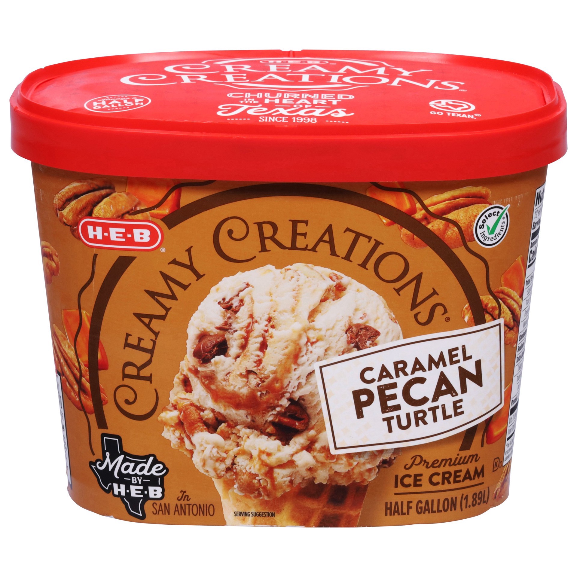 slide 1 of 1, H-E-B Creamy Creations Caramel Pecan Turtle Ice Cream, 64 fl oz