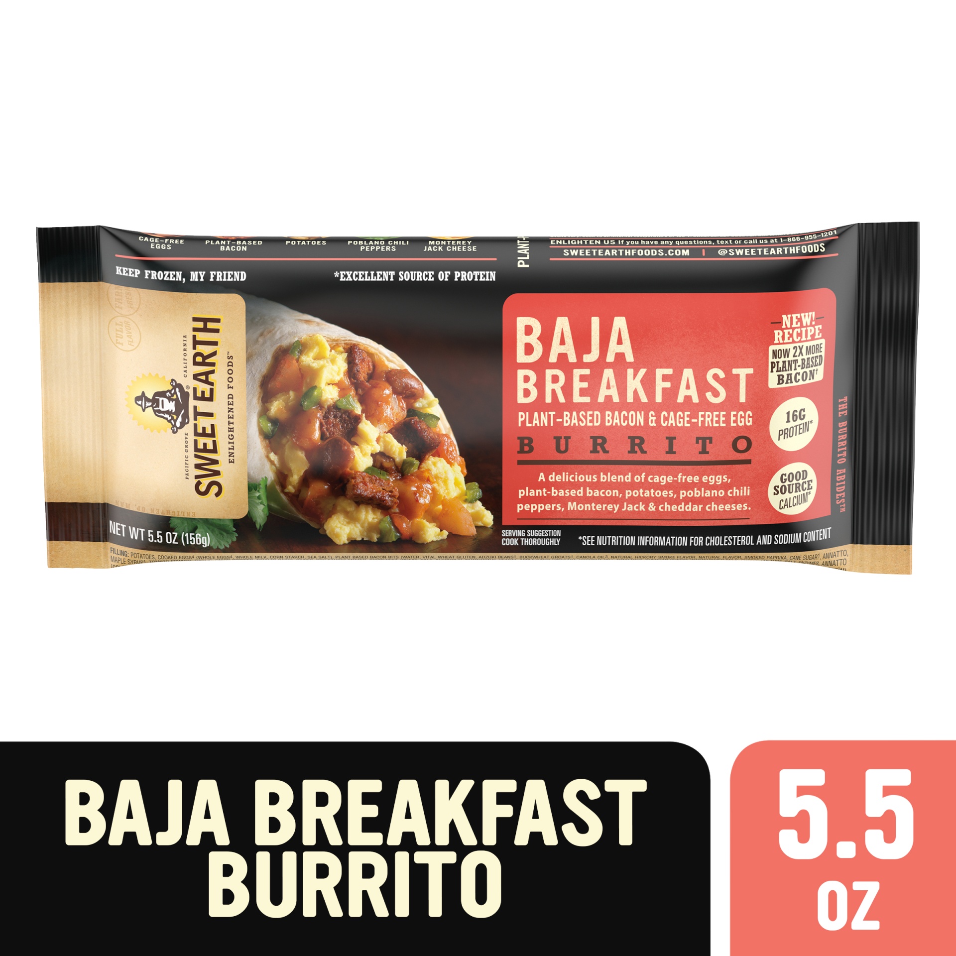 slide 1 of 6, Sweet Earth Baja Breakfast Burrito, Frozen Burrito with Plant Based Bacon, 7 oz