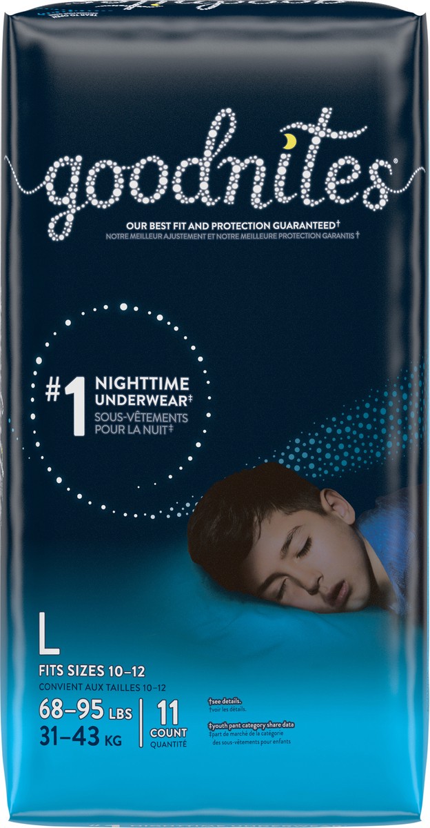 slide 7 of 9, Goodnites Boys' Nighttime Bedwetting Underwear, Size Large (68-95 lbs), 11 Ct, 11 ct